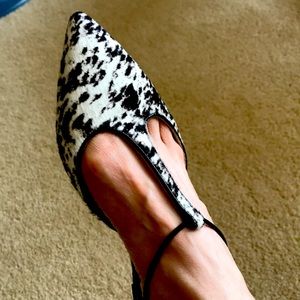 J crew collection calf hair t-strap flats, made in Italy.